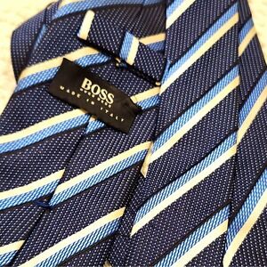 HUGO BOSS Silk Necktie Blue White Diagonal Multi Stripe Made in Italy Classic